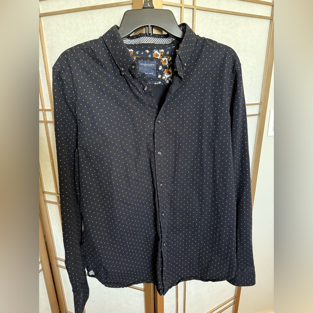 Denim & Flower Ricky Singh Black Shirt Gold Dots LS Button Up Men’s Shirt -Large